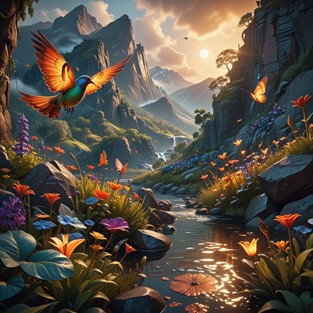 Birds butterflies Lush wildFlower mountain river landscape  by @Lady on Fire