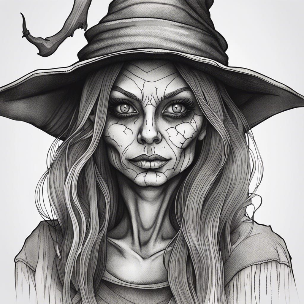 Coloring book page, Halloween witch, less detail, dark lines, cauldron ar  --2:3 - AI Generated Artwork - NightCafe Creator