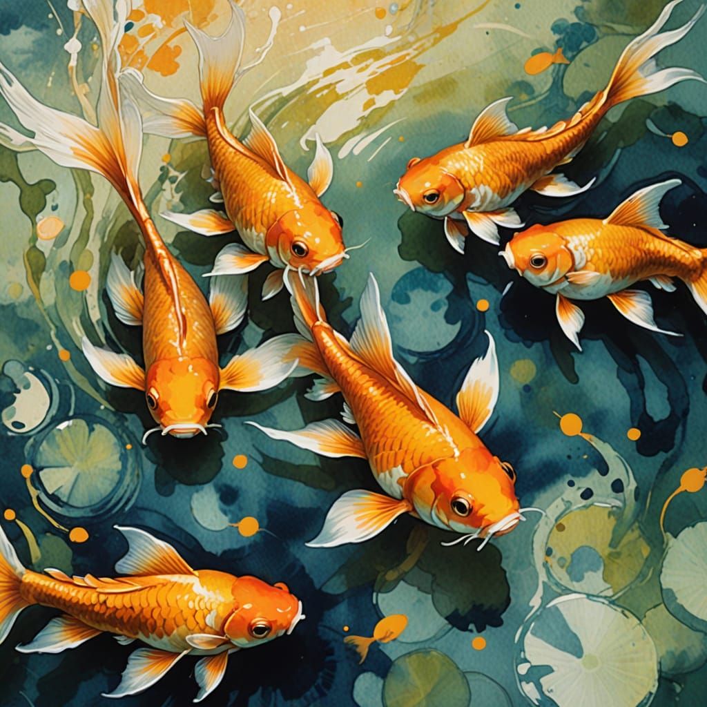 Vibrant Japanese Goldfish in Dreamy Inkwash Gouache Painting