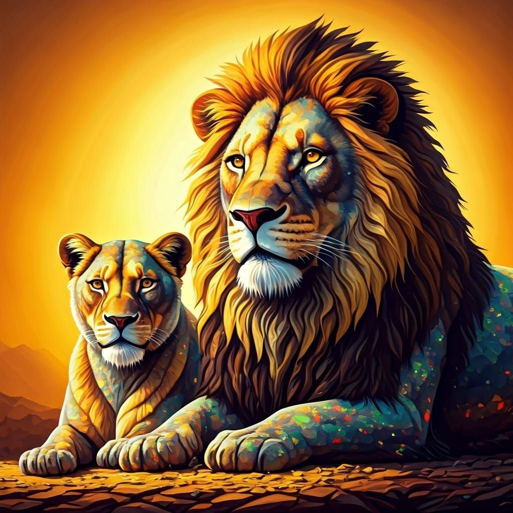 Opal Lions Bask in Sunrise Light: Klimt-Inspired Art