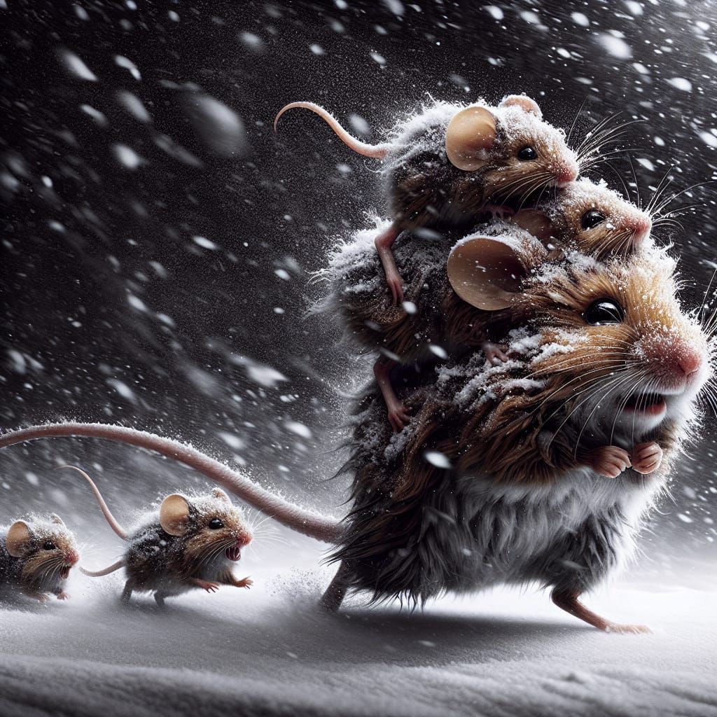 a fluffy mouse carrying a several baby mice on her back, with big shining eyes running, tiredly wading ...  by @Spearmint