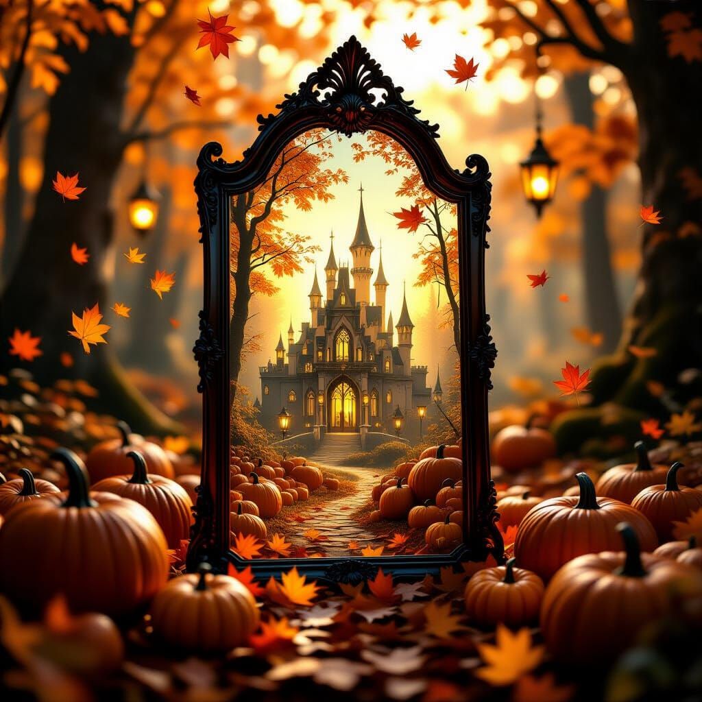 Fantasy Mirror Reveals Autumn Castle in Sun-Dappled Forest