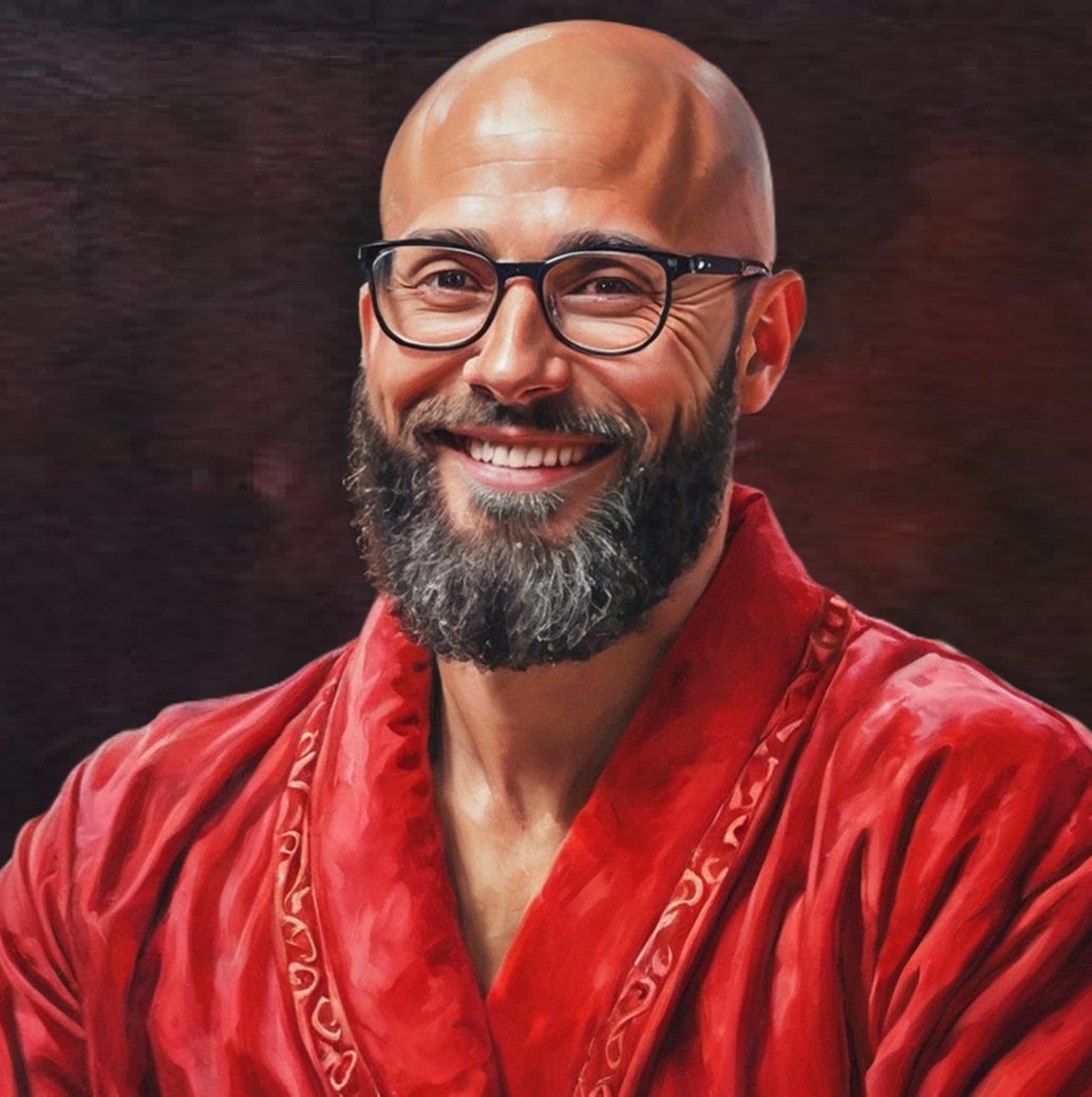 A handsome bearded  daddy with glasses   wearing a    red   ...