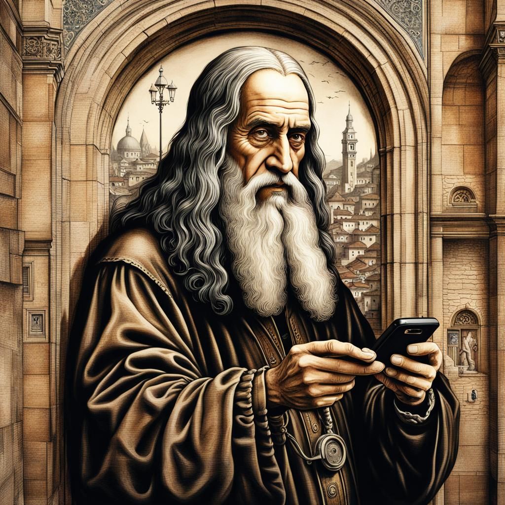 Leonard Da Vinci with a phone.