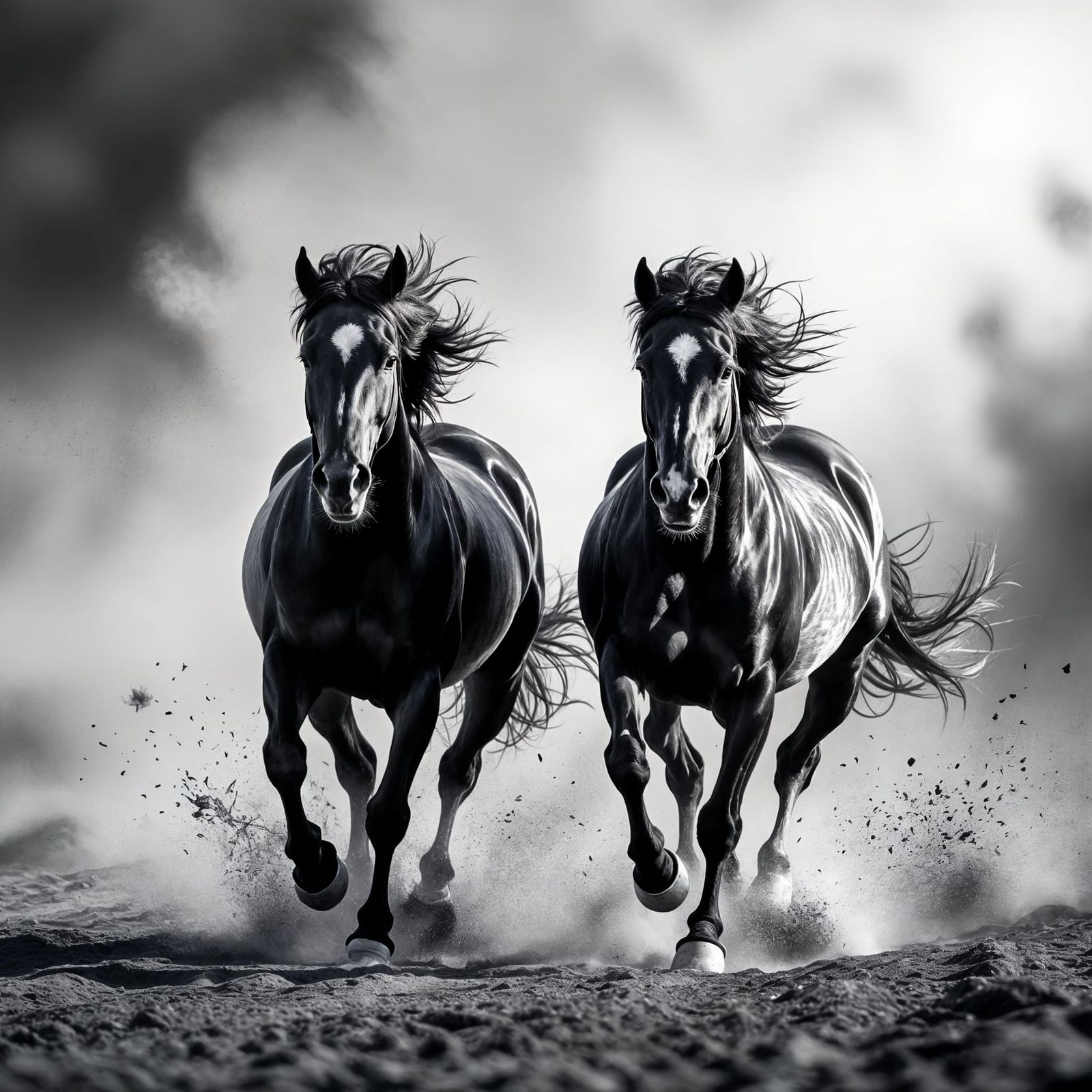 Powerful Black Horses Galloping in Dramatic Scene