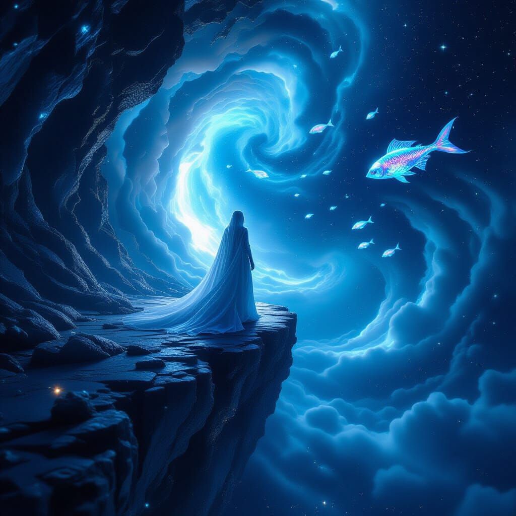 A lone, ethereal figure stands at the precipice of a swirling, cosmic abyss, their form partially dissolving into stardust. Strange, biolumi...