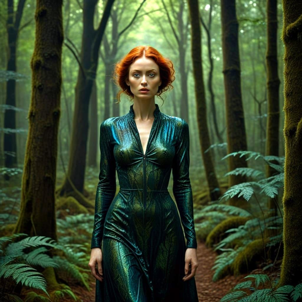 Enchanting Lady in Dark Surrealistic Forest