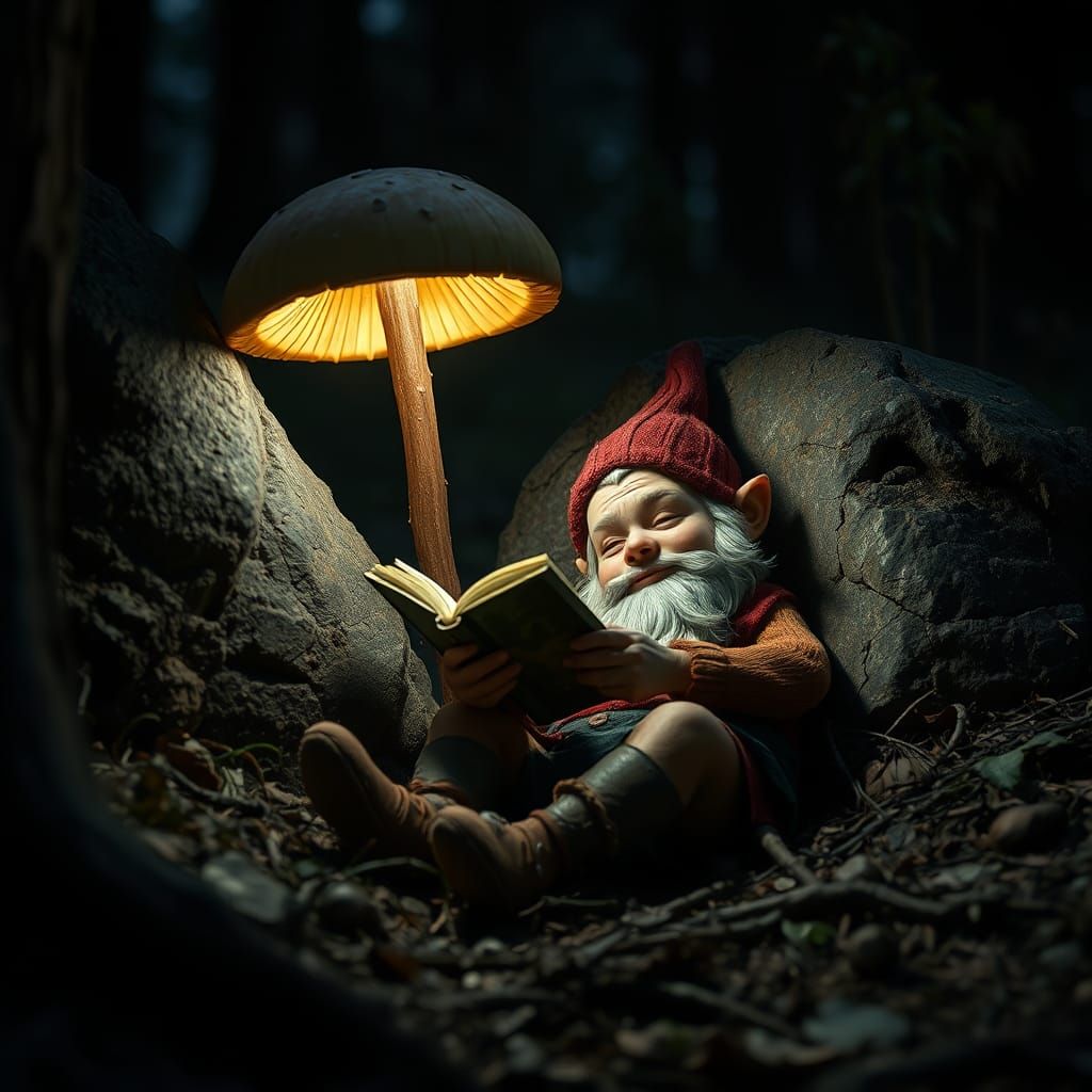 Dwarf Reads by Mushroom Lantern in Dark Fantasy Art