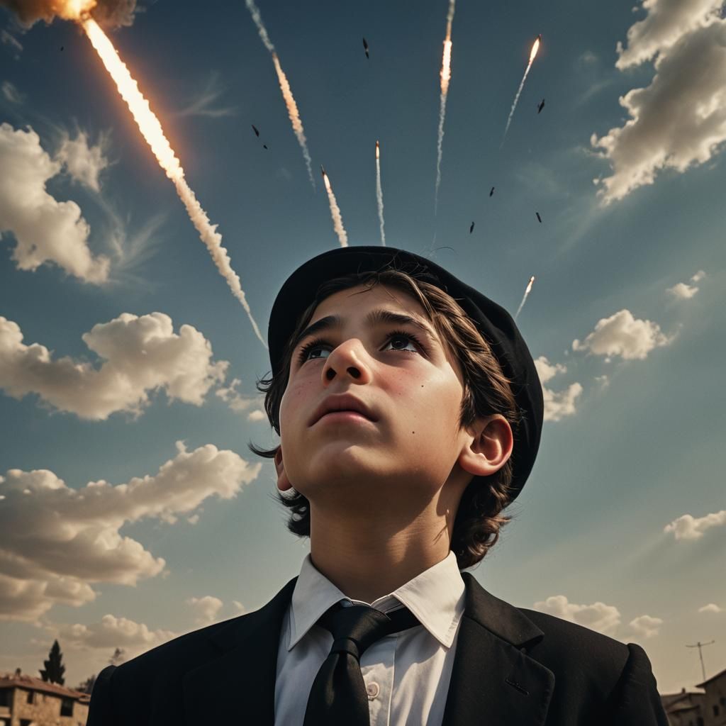 Hasidic Boy Watches Missiles in Cinematic Style