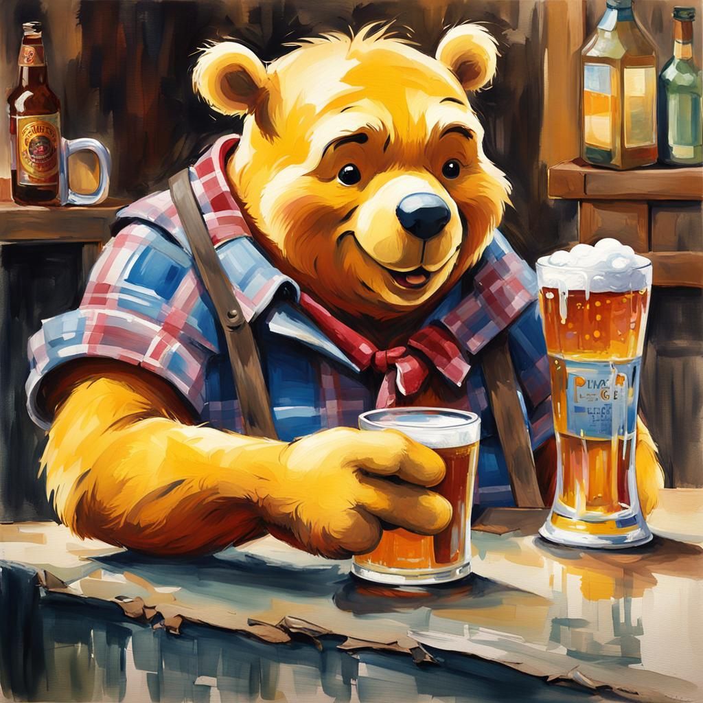 Winnie the Pooh as a bartender wearing a plaid shirt and hol...