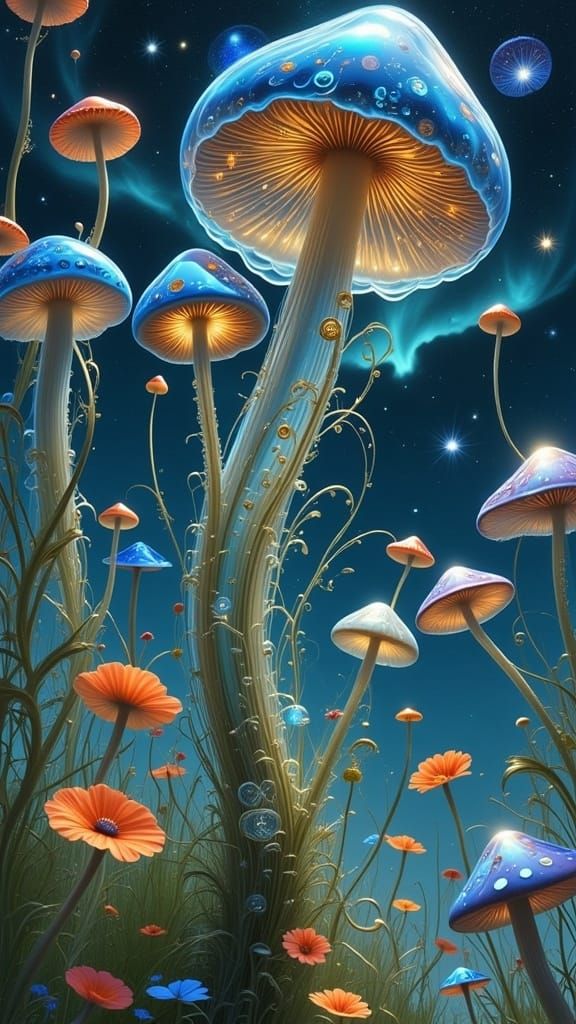 <lora:MILLENNIUM MUSHROOM:1.0>
VIVID fine art mytical realm of blue-sky view of a huge fantastical glowing transparent glass mushroom, whims...