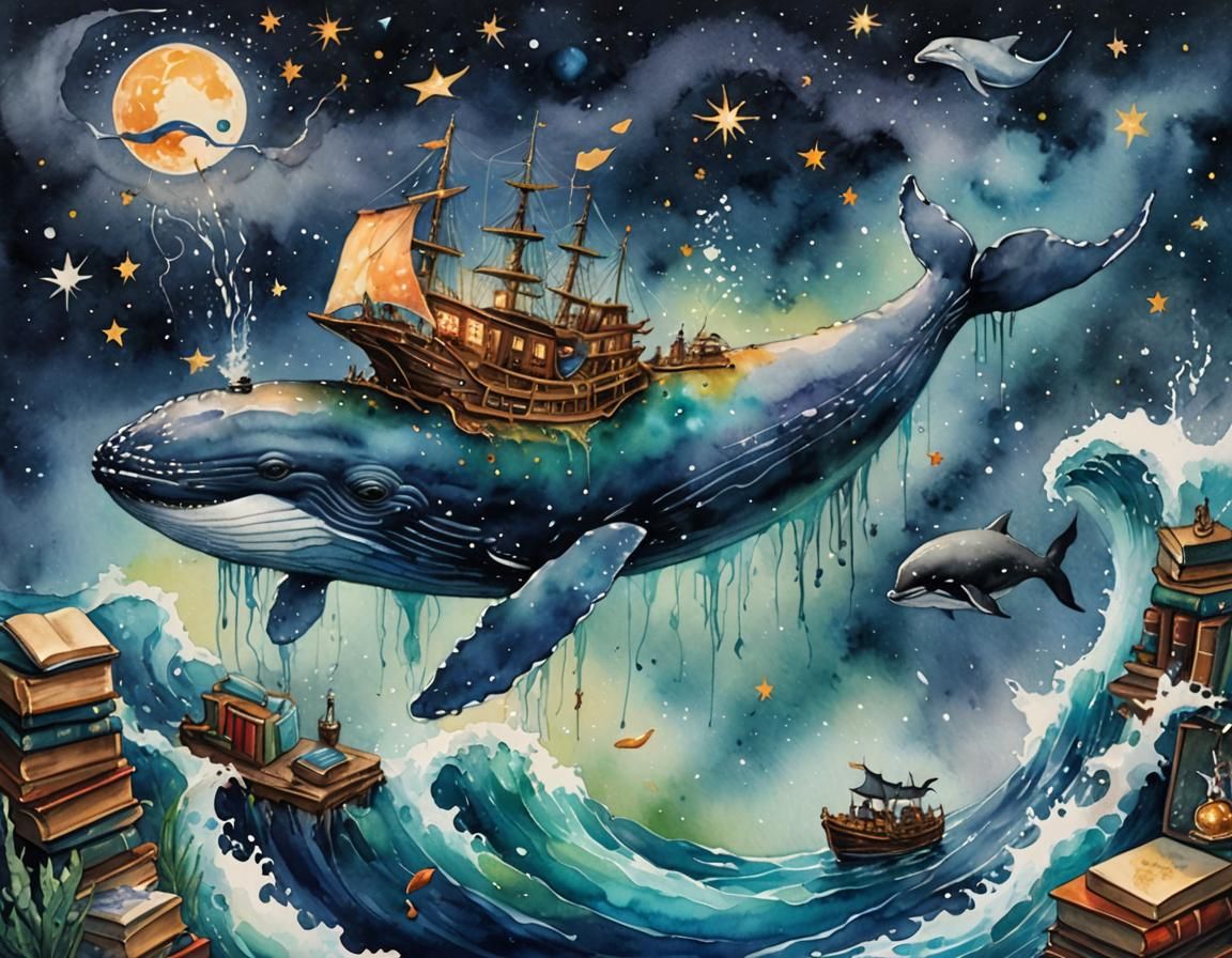 watercolor acrylics splashess drips overlay a whale swimming...