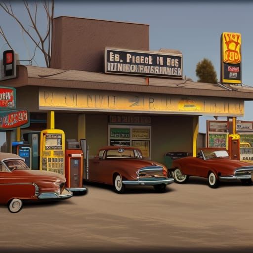 gas station, 50s, typical, detailed, dust, - AI Generated Artwork ...