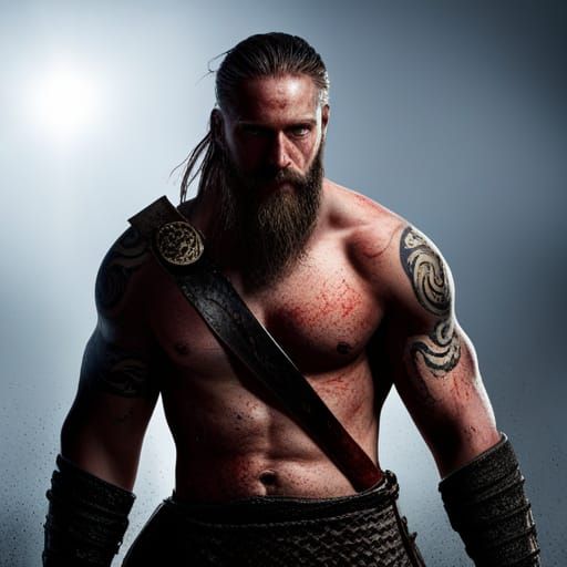 viking warrior with long beard after a long bloody battle, b...