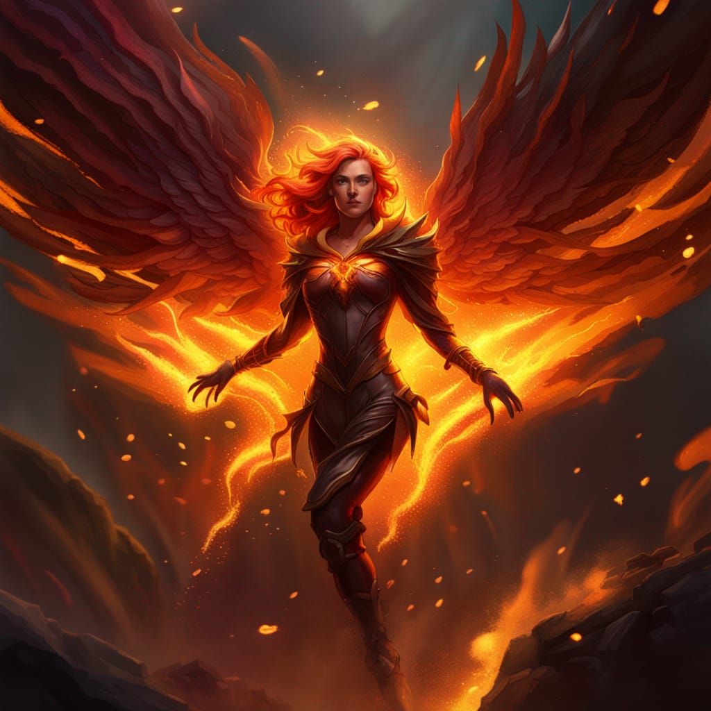 Dark Phoenix fused with Chandra Nalaar with flaming wings.