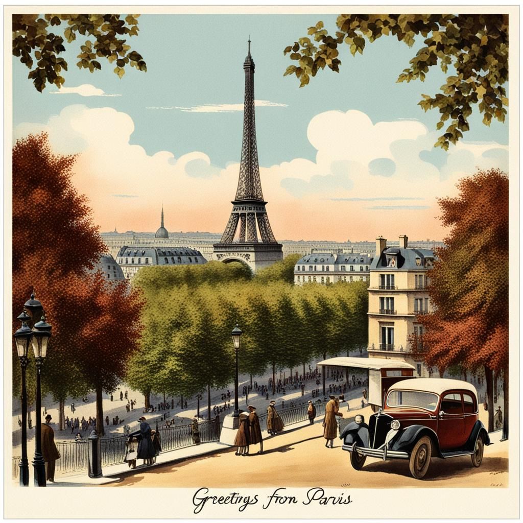 A beautiful idyllic travel scene of Paris as an old 1950s postcard with a white border and the words ...  by @BillyD