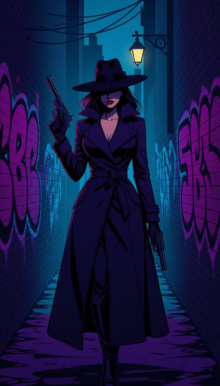 Stylized Ink Alleyway Scene with Woman in Dark Coat
