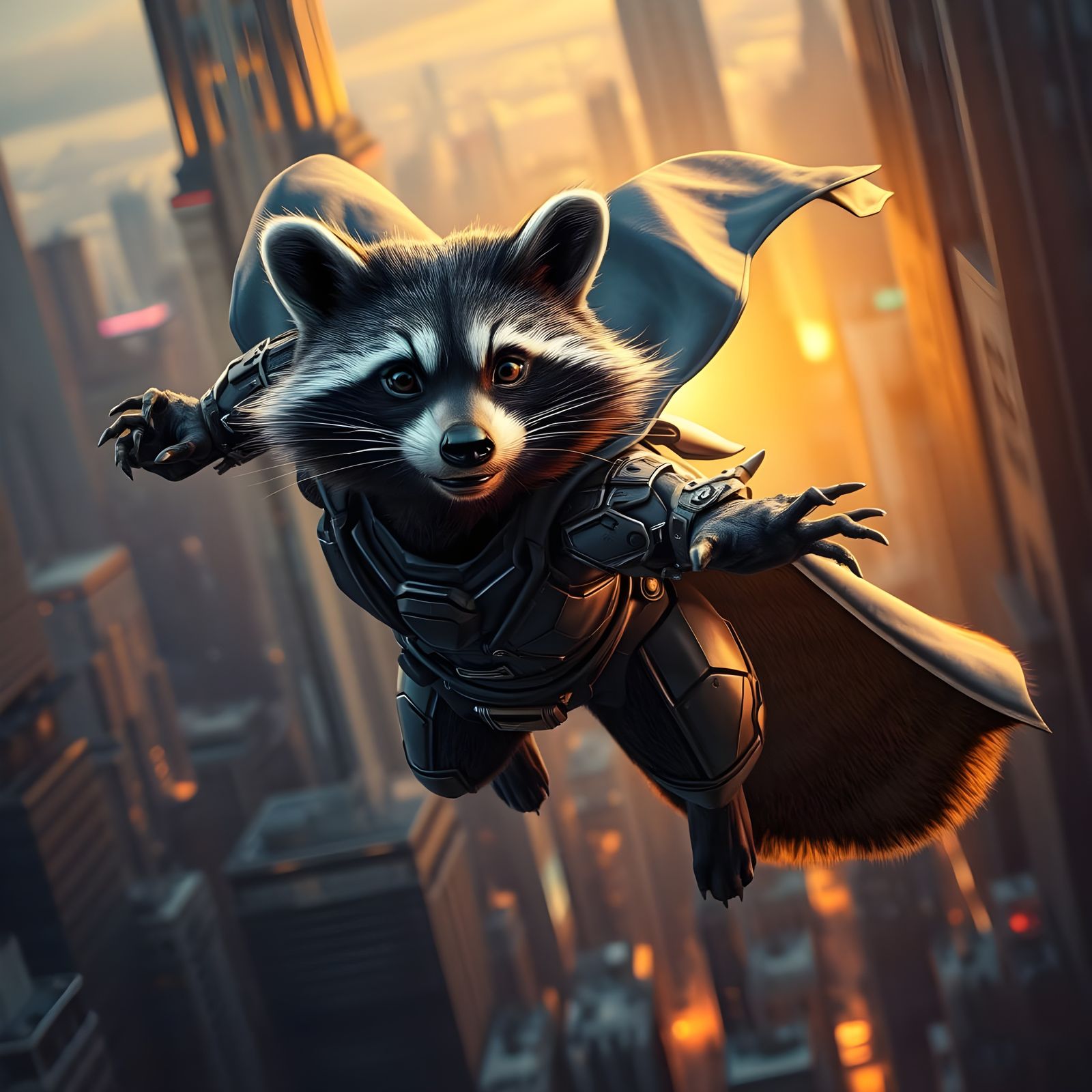 Hyperrealistic Superhero Raccoon Soars Through City Skies