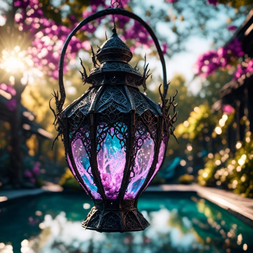 Illuminated Lantern by Shaded Pool in Elven Futurism