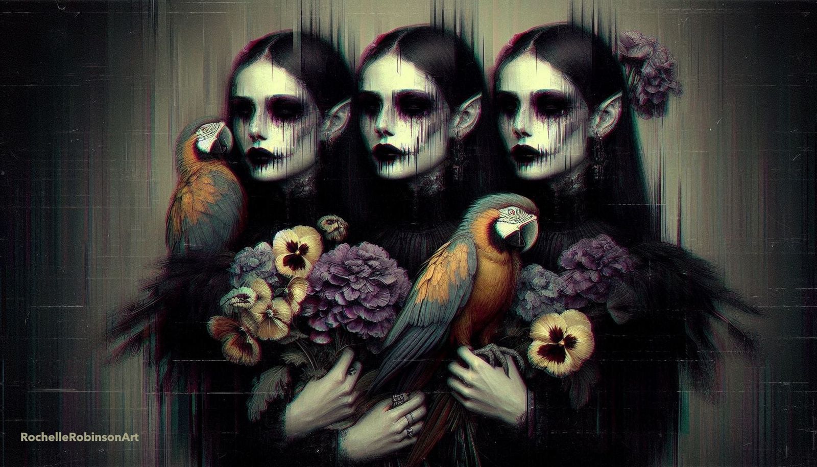 Vampire Triplets and Pets - Gothic Art