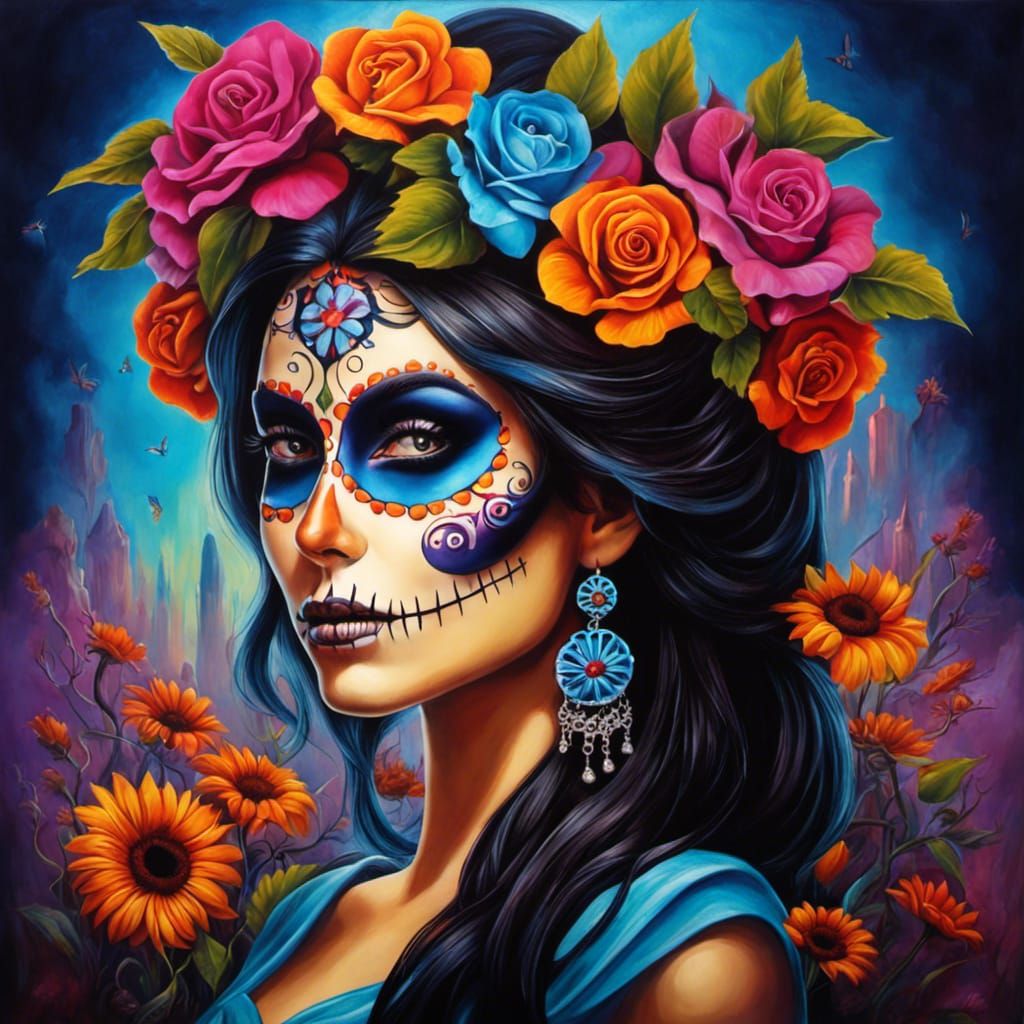 a painting of a woman with flowers in her hair, dia de los muertos ...