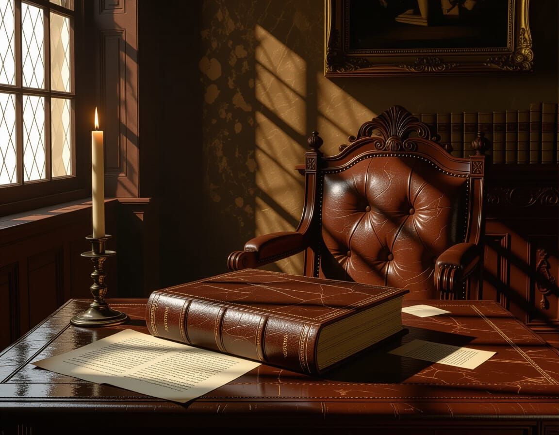 A solitary, ancient tome bound in cracked leather lies open on a dusty mahogany desk, illuminated by a single, flickering candle. Shadows da...