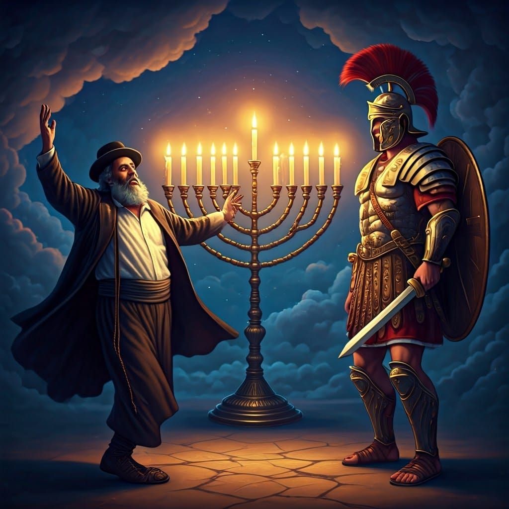 Hasidic Singer Dances with Menorah, Roman Warrior Watches