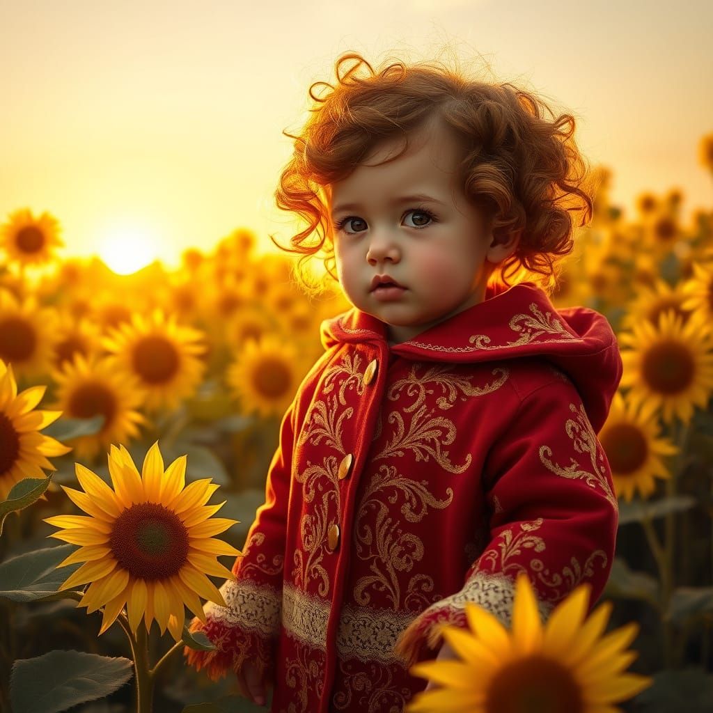 Whimsical Toddler Amidst Sunflowers in Lavish Coat