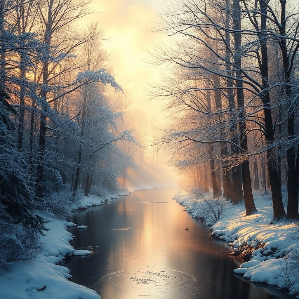 Golden light glows through a snowy forest, reflecting softly on the quiet river.
Cold, calm, and absolutely ...  by @Faydra6410
