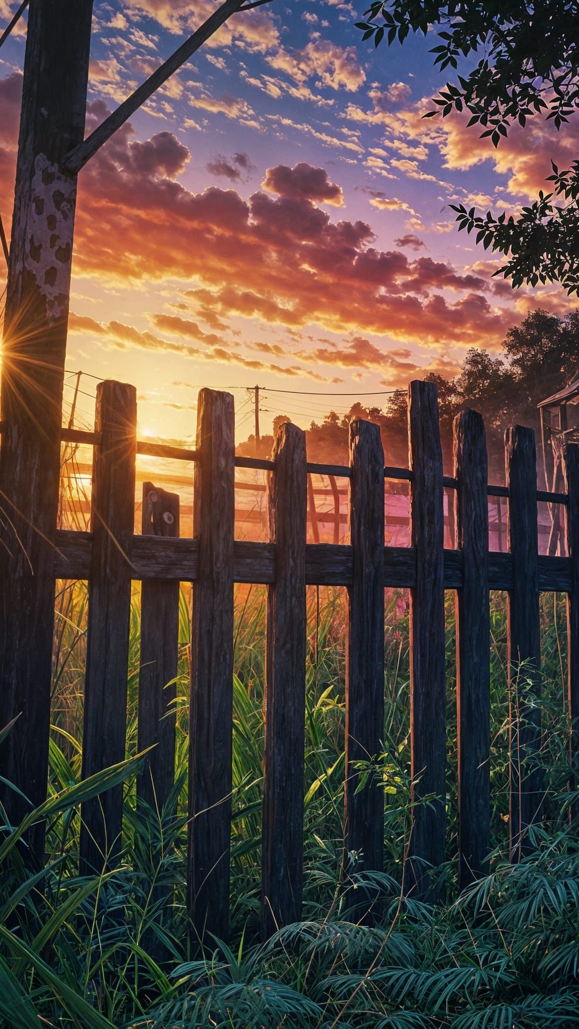 Anime countryside framed by a wooden fence at sunset or twilight e