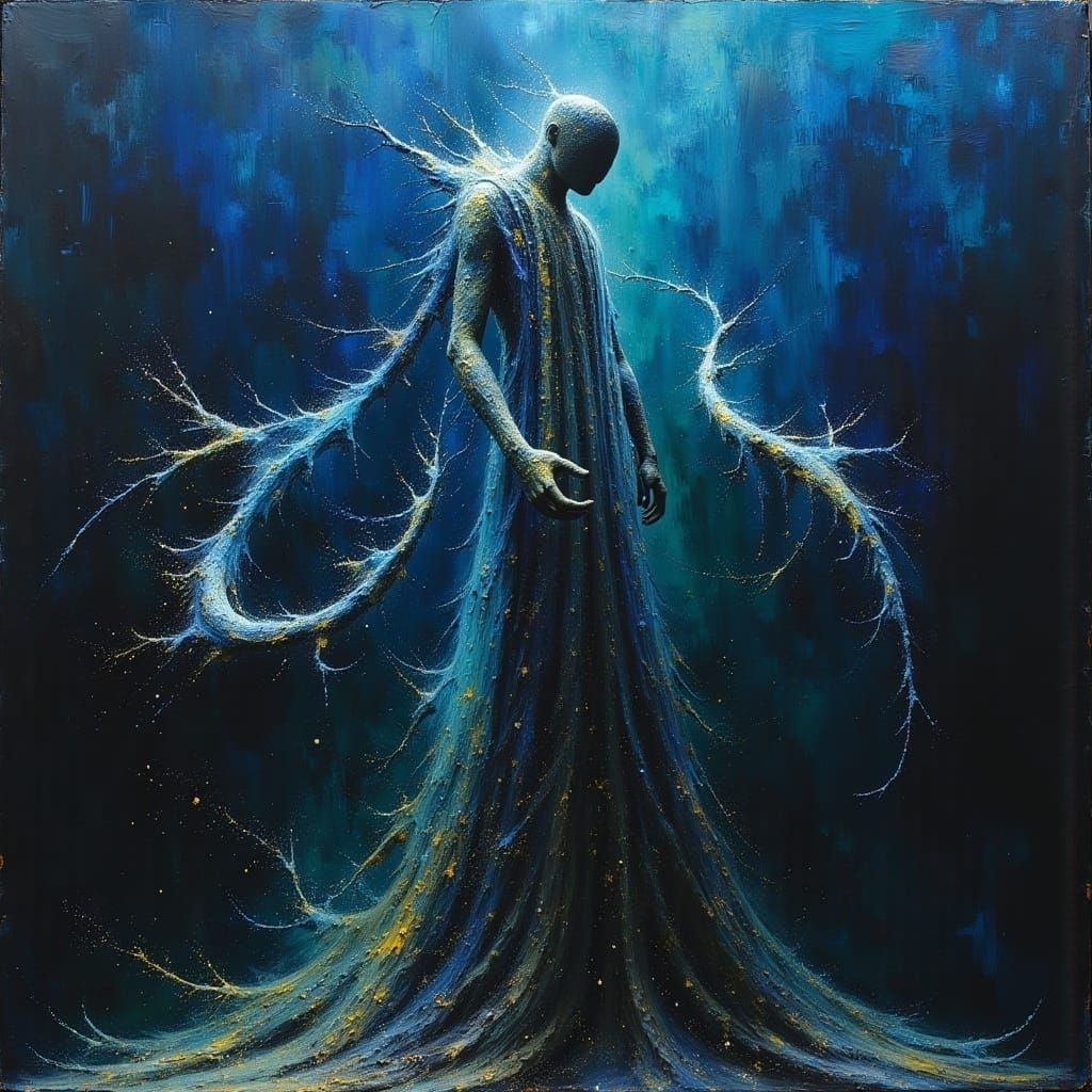 <lora:MJ6 Dark Oil Paint:1.0> Cerulean, the Ocean Oracle: A mercurial entity who holds the secrets of the sea, speaking in the language of w...