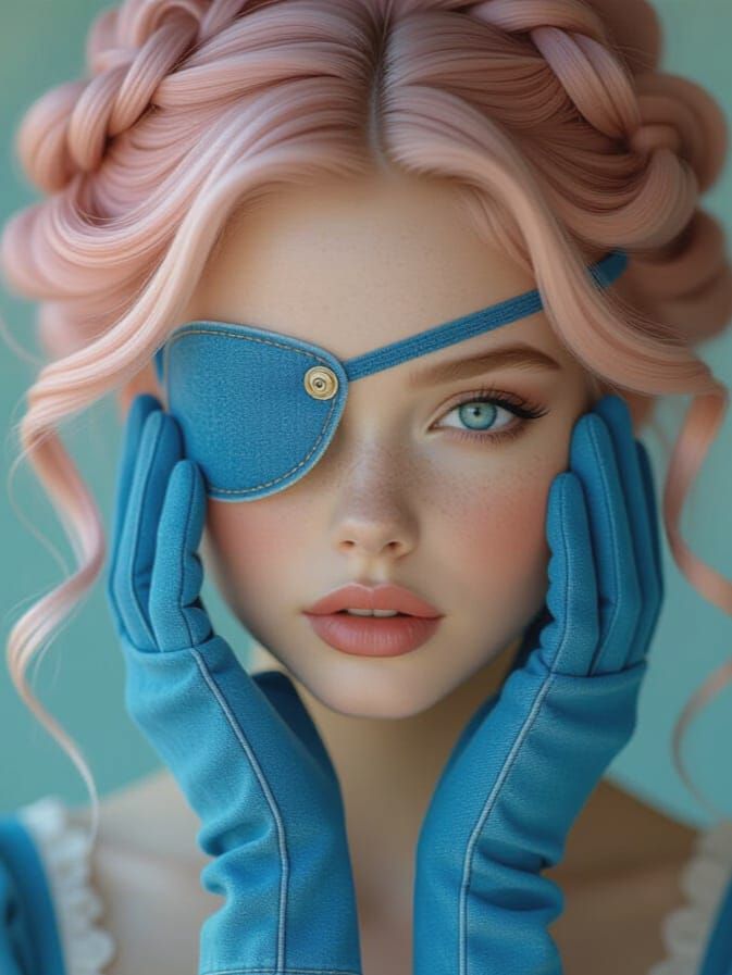 Photo portrait of a gorgeous woman in blue denim outfit with eyepatch touching her face with her gloves