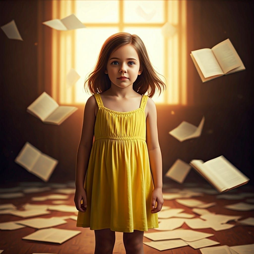 Girl Amidst Books in Cinematic Hyperrealism
