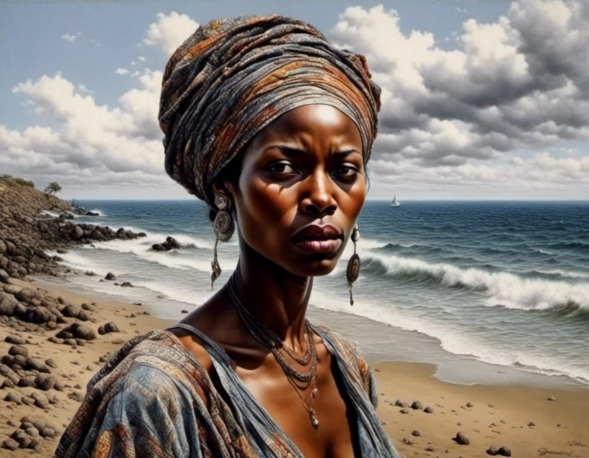 <lora:Hyperrealistic face:1.0> A hyperrealistic beautiful lovely African  woman walking by the sea. InsanelyDetailed face.