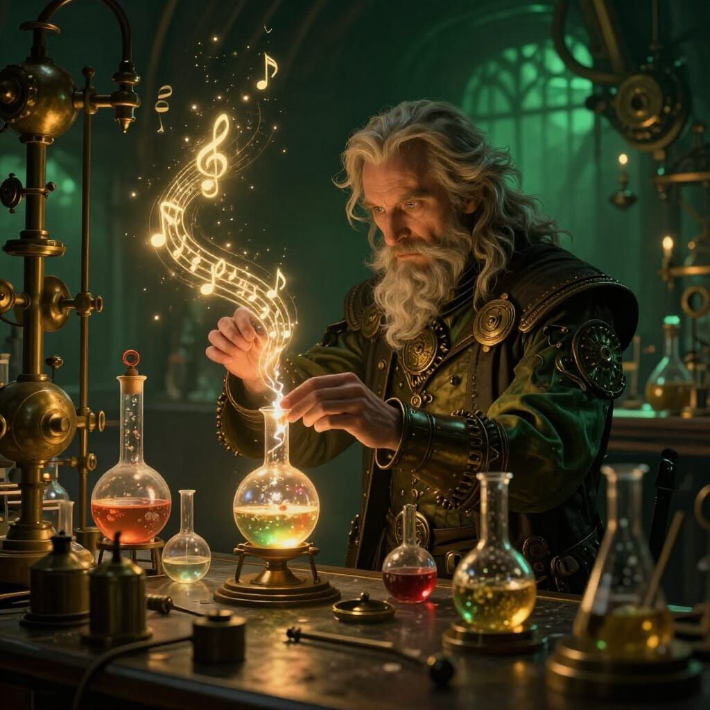 Steampunk sorcerer in his lab developing musical potions  by @Dengate Music