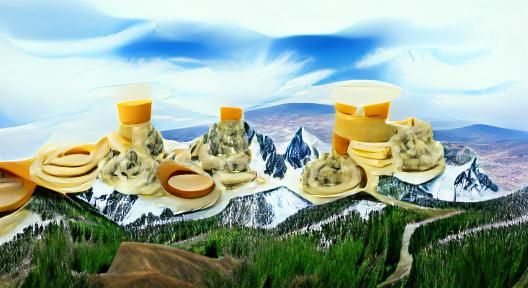 Mountain range covered ìn cheese sauce and cheese wheels