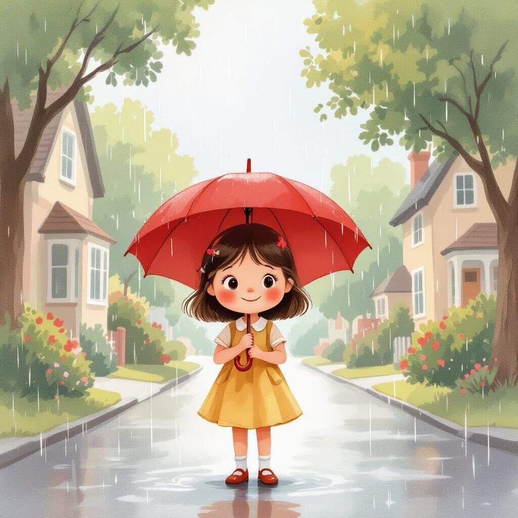 Joyful Girl With Red Umbrella in Gentle Rain