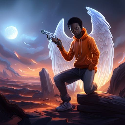 Black boy angel in a orange hoodie with a gun