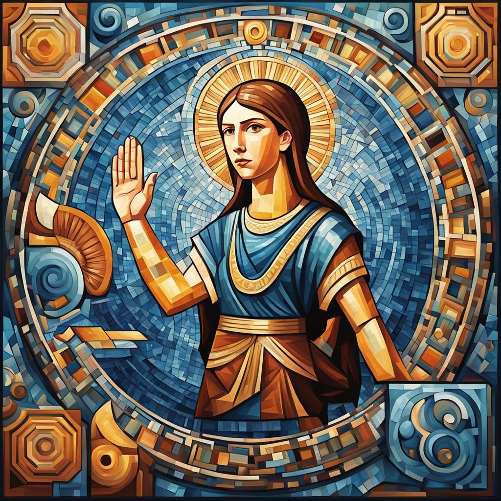 Anna Kendrick, Byzantine mosaic, giving a high five to a Gre...