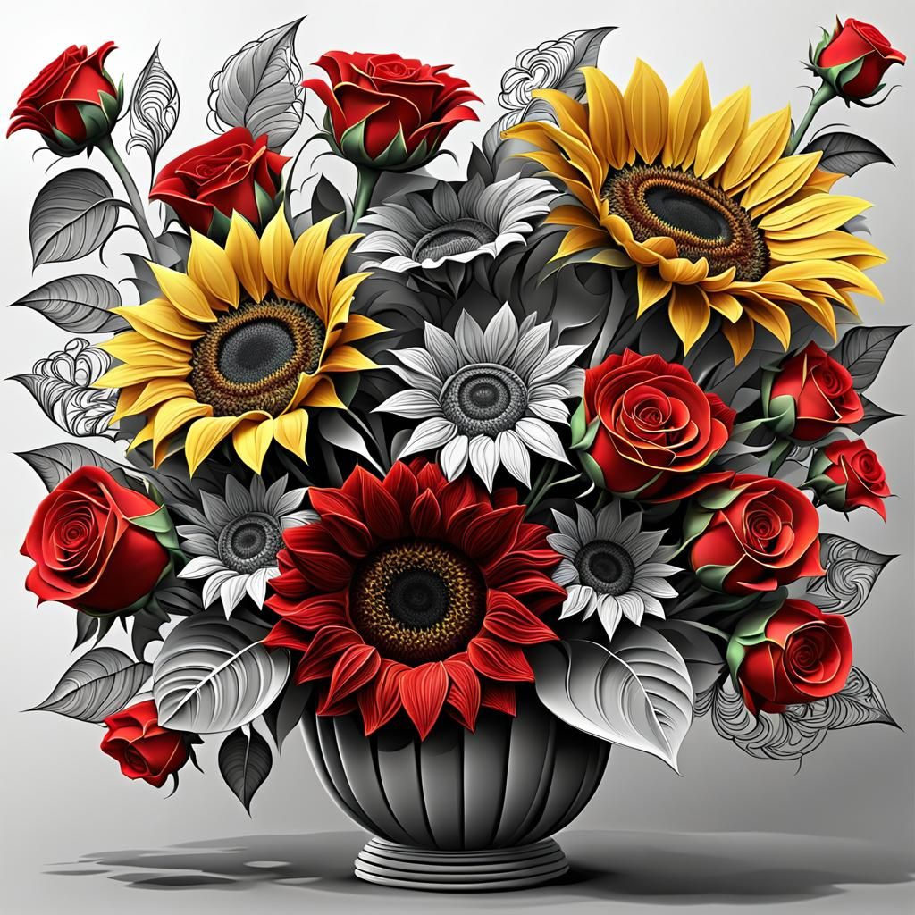 Abstract Bouquet of Sunflowers and Red Roses