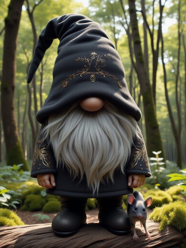 <lora:-Noir Royale-:1.0> a Scandinavian Tomte / Nisse in neutral colors, hat pulled down, obscuring his eyes, pet mouse, sunny fantasy fores...