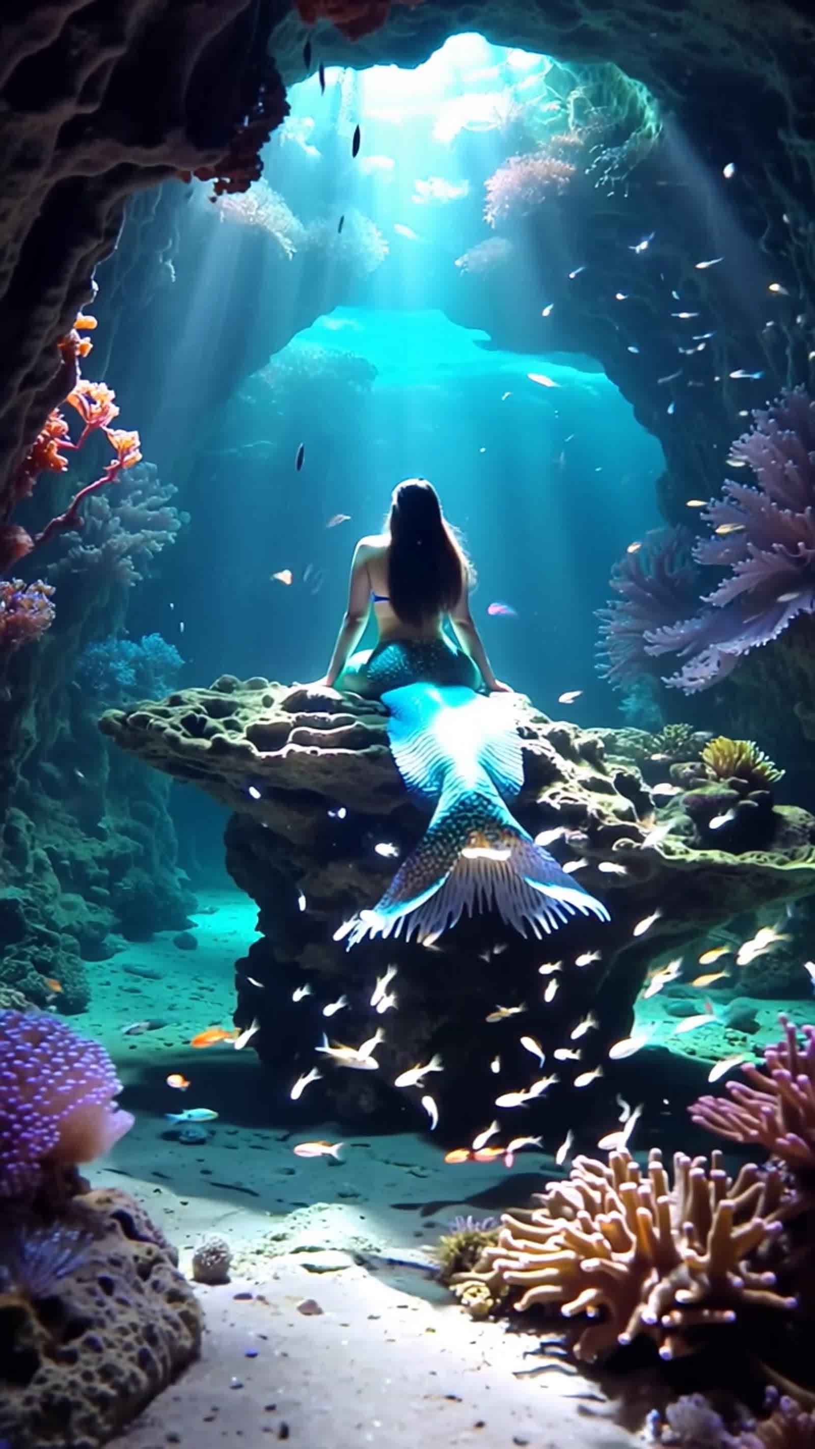 A serene underwater grotto illuminated by bioluminescent coral, where a mermaid sits upon a rock, singing a haunting mel...