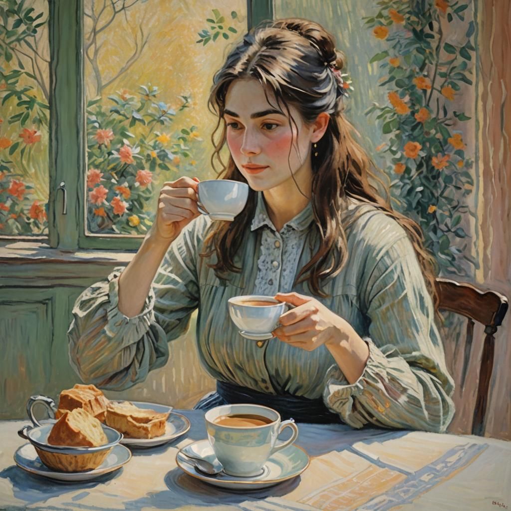 Scène de petit-déjeuner, une très belle femme prend son café. Flou artistique. Qualité haute définition.  Un éclairage chaleureux et naturel...
