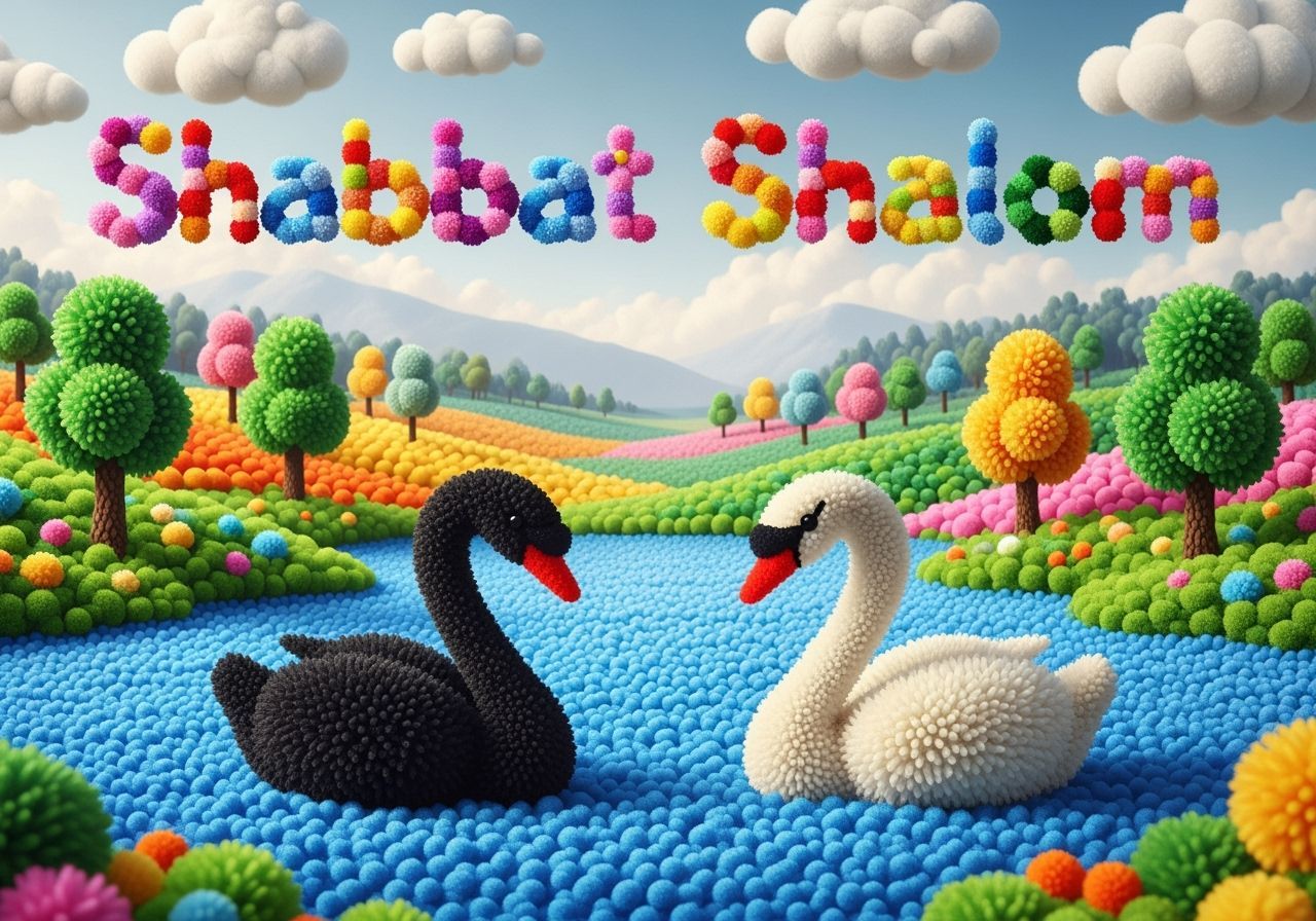 Playful Pom Pom Landscape with Shabbat Shalom Message