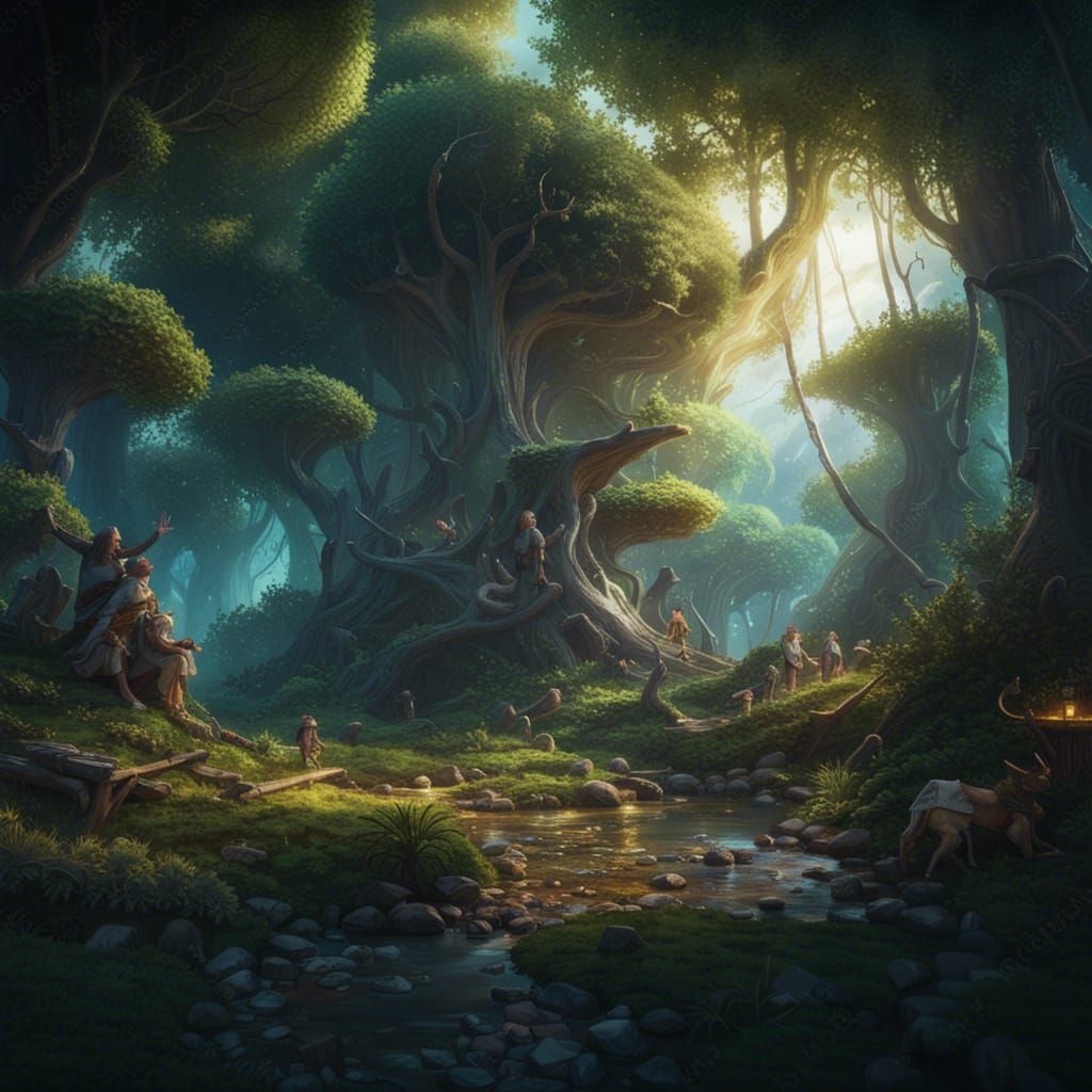 Fantasy magical forest landscape, elves traveling, a masterpiece, 8k ...