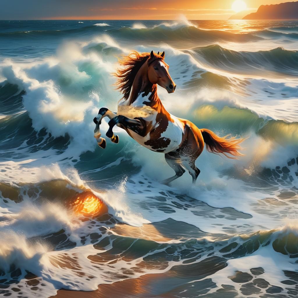 Wild Horse Galloping at Sea: Vibrant Oil Painting