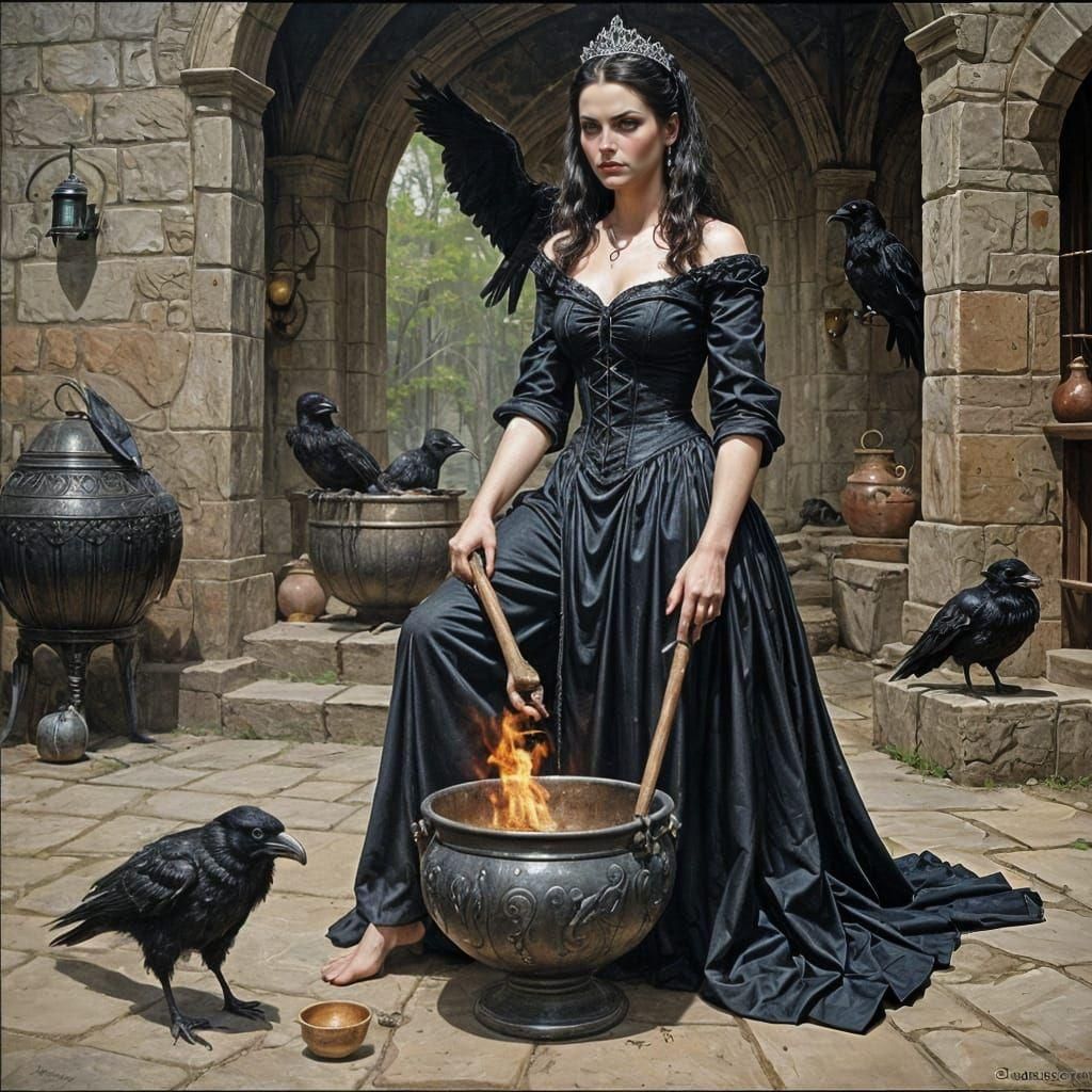 A young evil queen barefoot in a black dress, string a cauldron with a large tibia bone. her pet raven by her side 