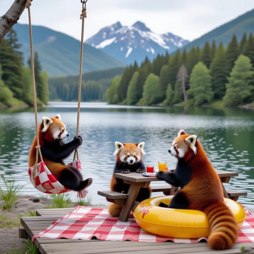 Red pandas playing at the lake, one is on a robe swing, one sits at a picnic table, one is on a float 