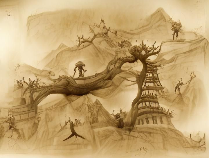 Concept art, pencil sketch, sepia tone, Climbing the World Tree