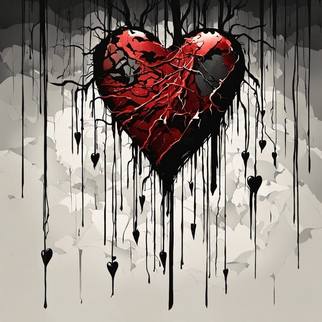 A picture of a cartoonish heart that broke and the pieces are barley holding on 